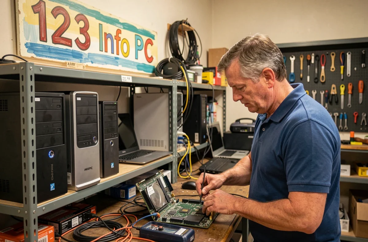 Boutique 123 Info PC avec un technicien inspectant du matériel informatique reconditionné derrière le comptoir