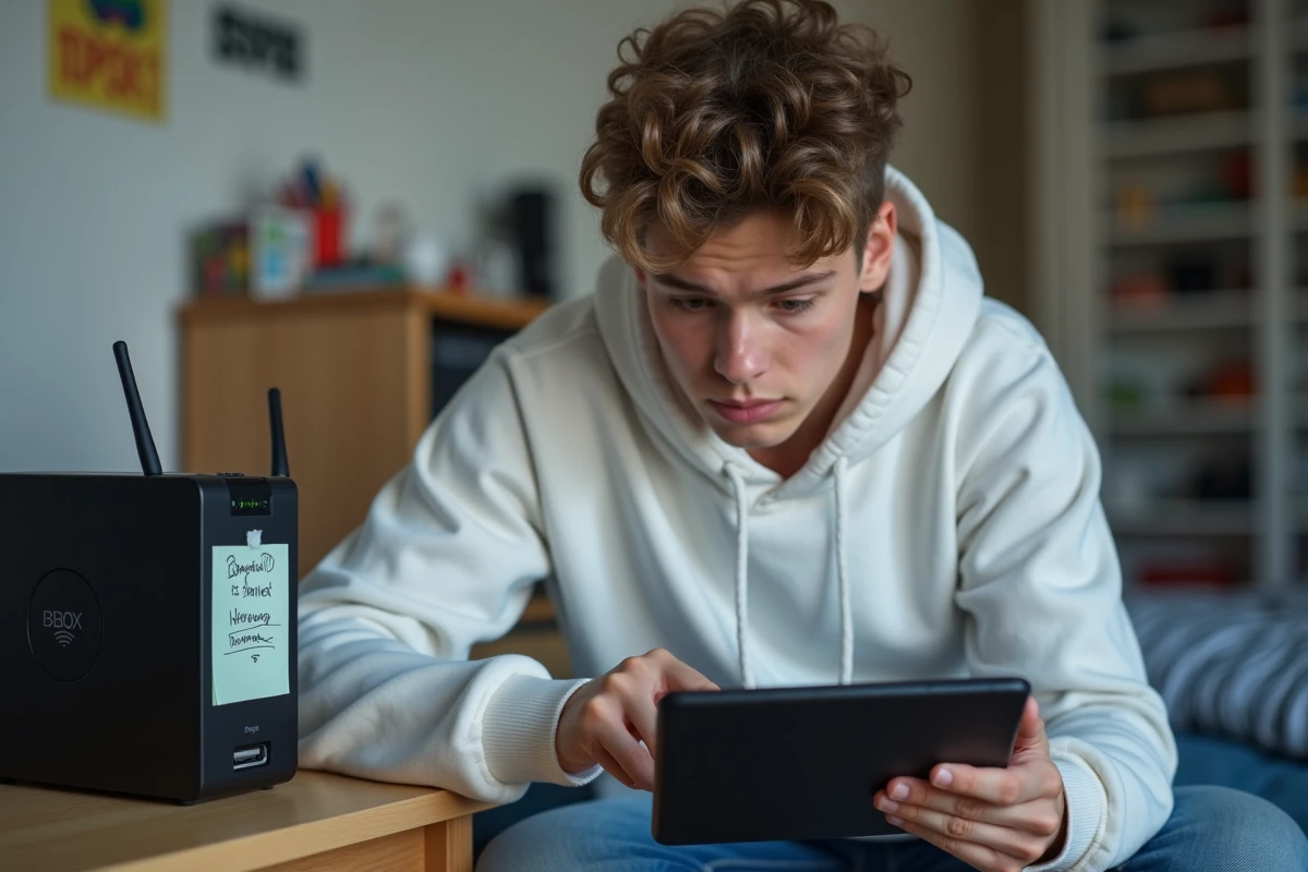 Adolescent utilisant une tablette pour se connecter au WiFi Bbox grâce au code noté sur le routeur
