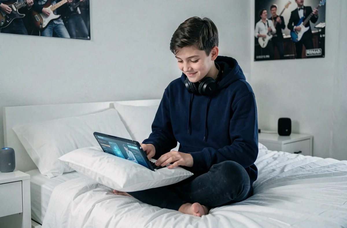 Adolescent apprenant le piano virtuel sur une tablette dans sa chambre avec un casque audio