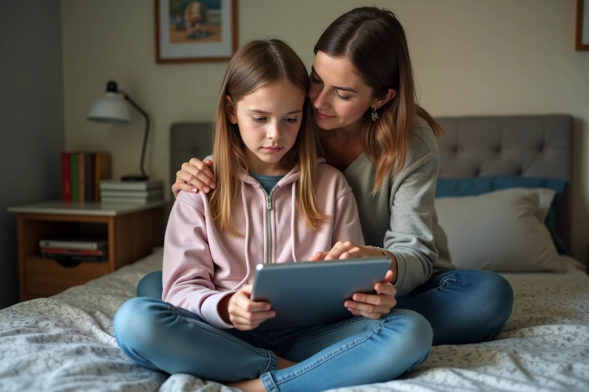 Une adolescente et sa mère consultent les devoirs scolaires sur une tablette via l'ENT dans une chambre d'élève