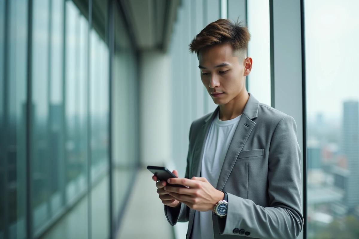Jeune professionnel consultant la configuration d'une adresse email 1and1 sur smartphone dans un bureau avec vue sur la ville