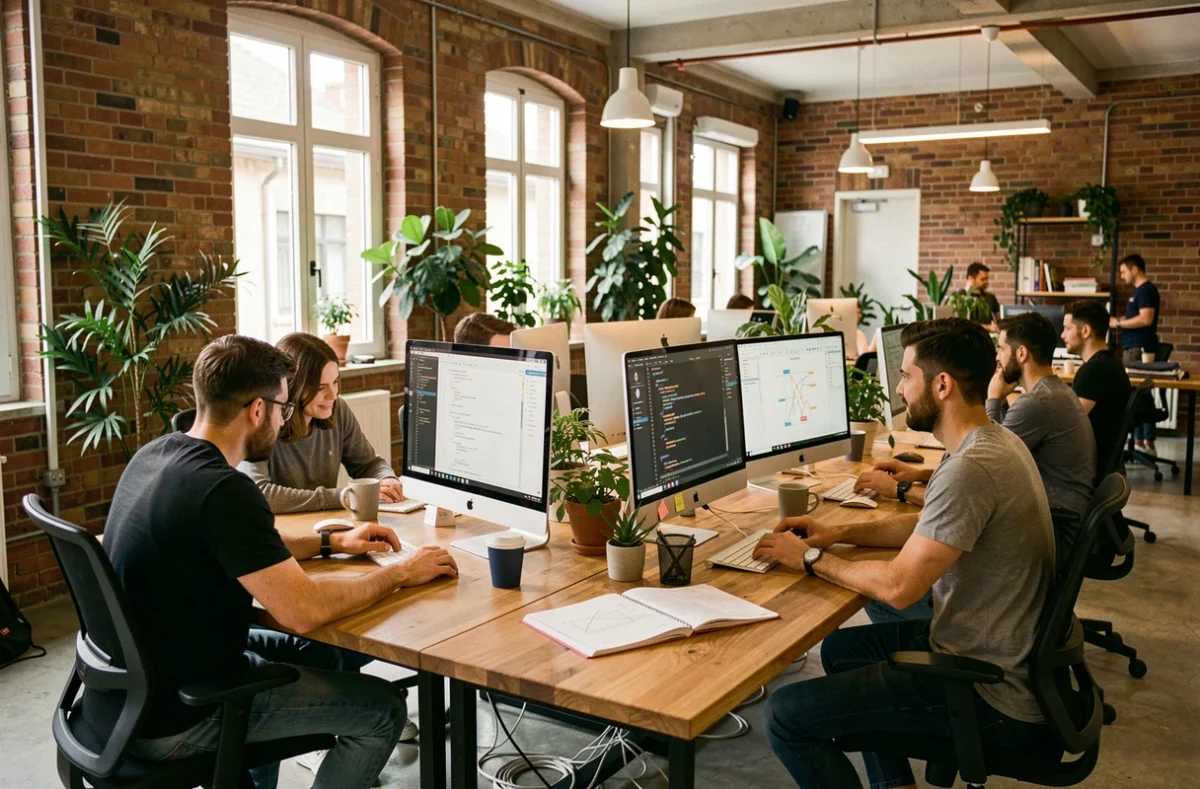 Vue panoramique d'une agence de développement web moderne à Toulouse avec des développeurs collaborant autour d'écrans affichant du code