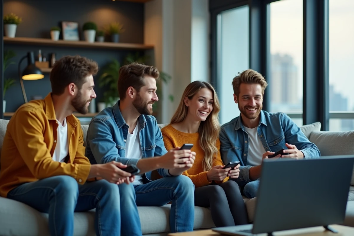 Trois amis regardant un film sur un grand écran dans un appartement moderne