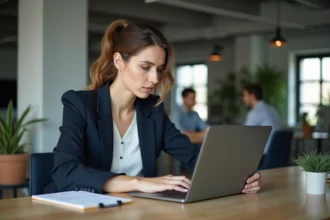 Femme analysant les prix d'outils d'intelligence artificielle sur un ordinateur portable dans un bureau moderne