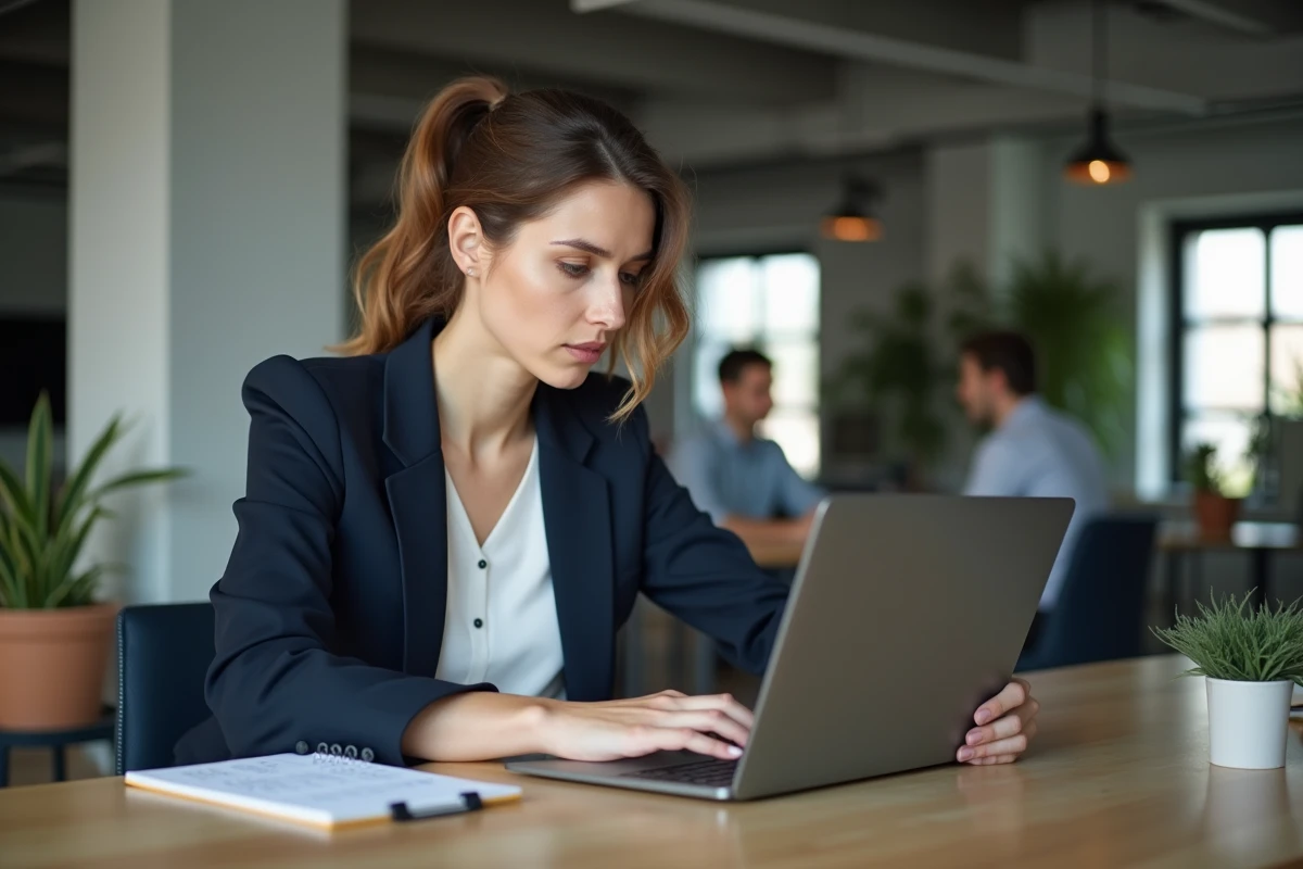 Femme analysant les prix d'outils d'intelligence artificielle sur un ordinateur portable dans un bureau moderne