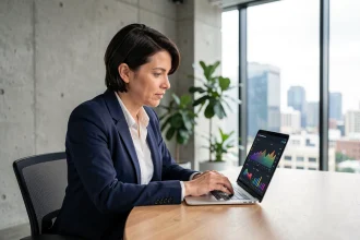 Professionnelle analysant des tendances numériques sur un tableau de bord en ligne dans un bureau moderne