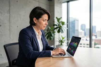 Professionnelle analysant des tendances numériques sur un tableau de bord en ligne dans un bureau moderne