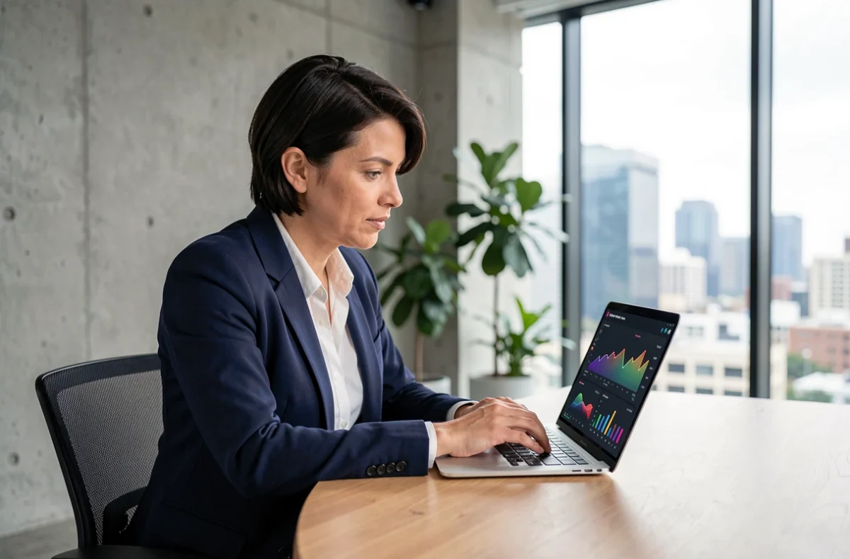 Professionnelle analysant des tendances numériques sur un tableau de bord en ligne dans un bureau moderne