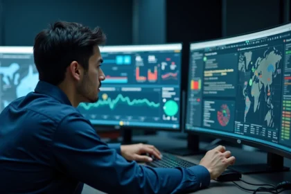Analyste en cybersécurité examinant une interface graphique complexe dans un centre opérationnel de sécurité