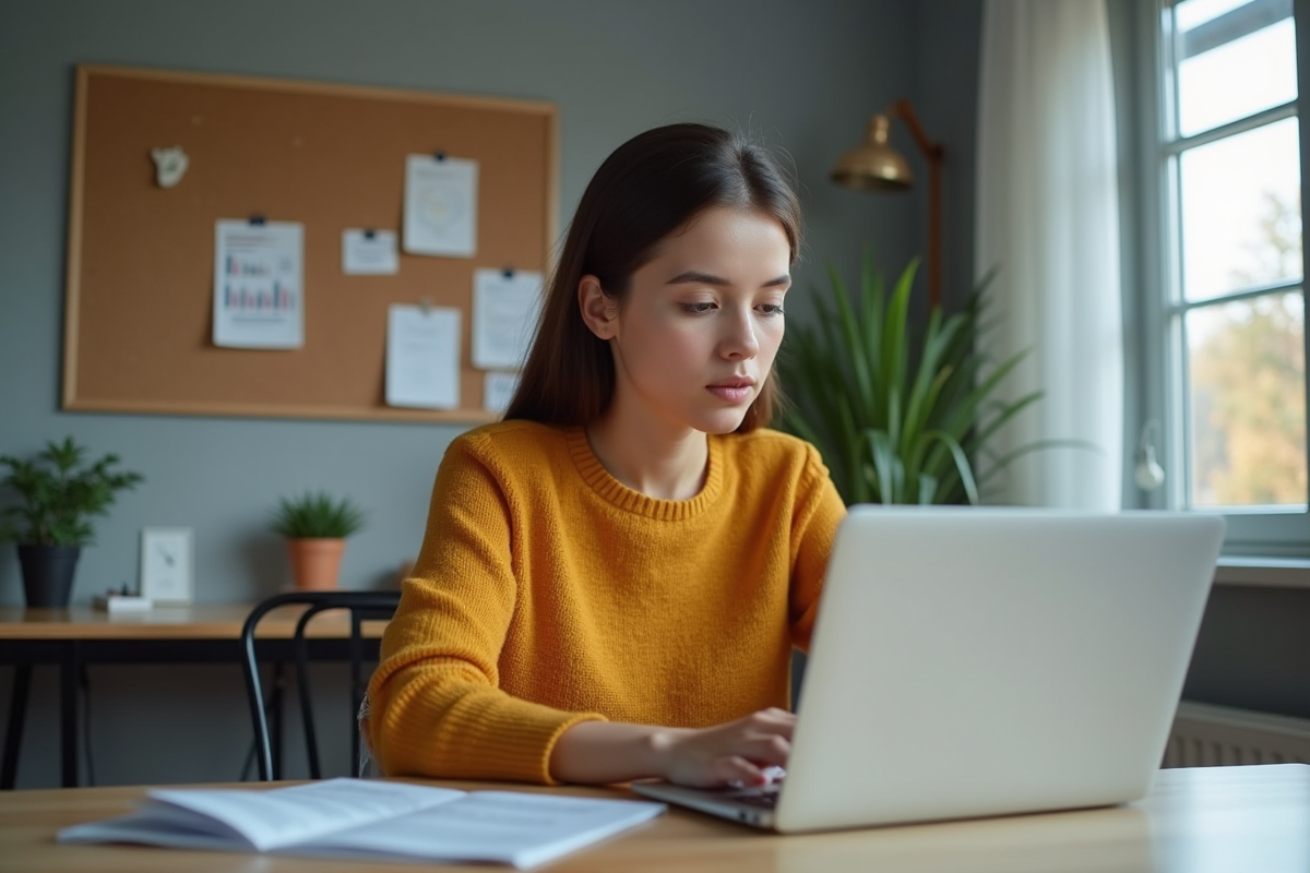 Jeune femme analysant des tendances marketing à domicile