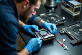 Technicien appliquant de la pâte thermique sur le die d'une carte graphique démontée dans un atelier d'électronique professionnel