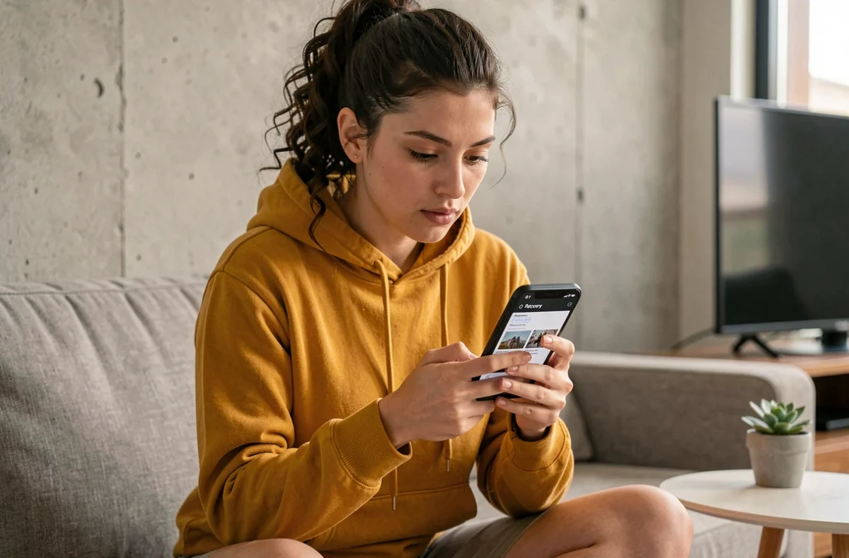 Jeune femme utilisant une application de récupération de photos sur iPhone depuis son canapé dans un appartement moderne