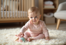 Bébé fille assise sur un tapis crème dans une nurserie