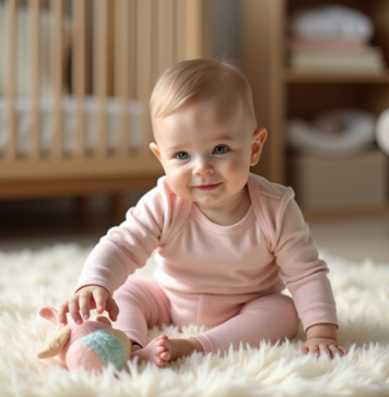 Bébé fille assise sur un tapis crème dans une nurserie