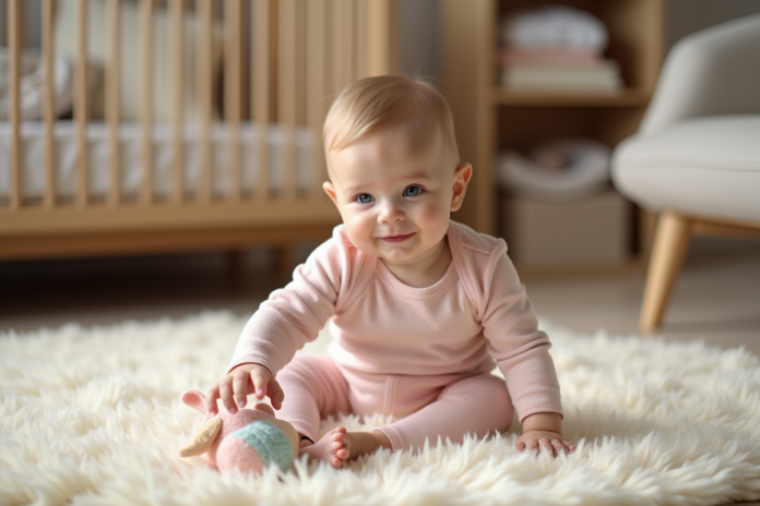 bebe-fille-sitting-nursery Bébé fille assise sur un tapis crème dans une nurserie