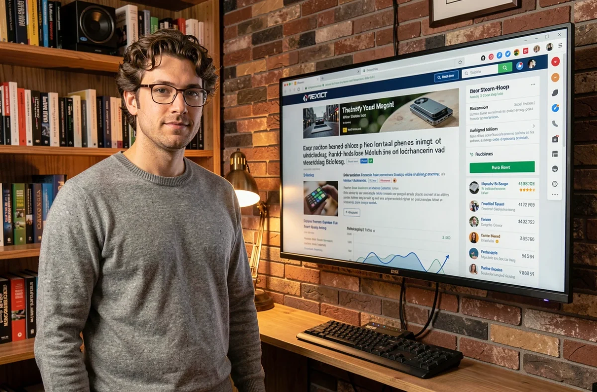 Blogueur tech debout devant un grand écran affichant des métriques de blog et des tendances numériques
