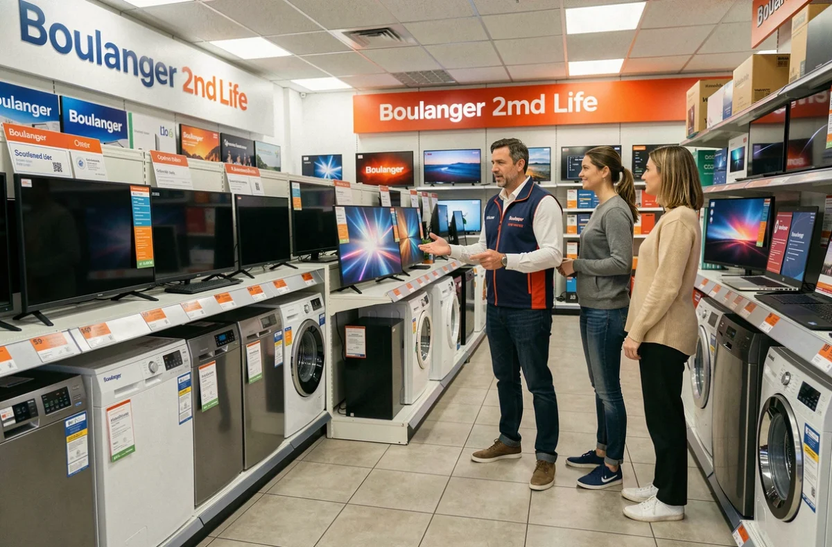 Espace Boulanger 2nd Life en magasin avec un vendeur présentant des produits reconditionnés à des clients