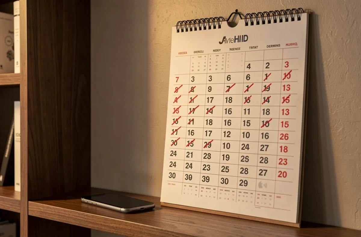 Calendrier mural avec des jours barrés à côté d'un smartphone