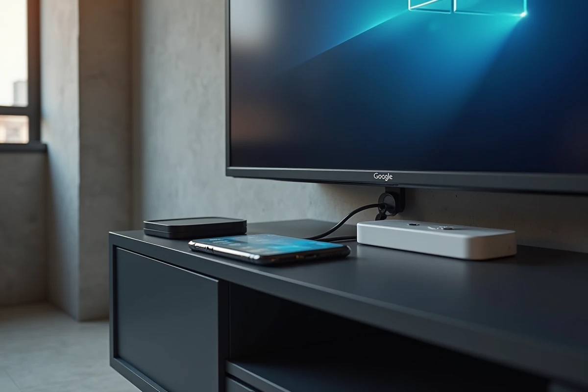 Gros plan sur un Chromecast branché derrière une TV avec câble USB, multiprise connectée et smartphone affichant l'application Google Home