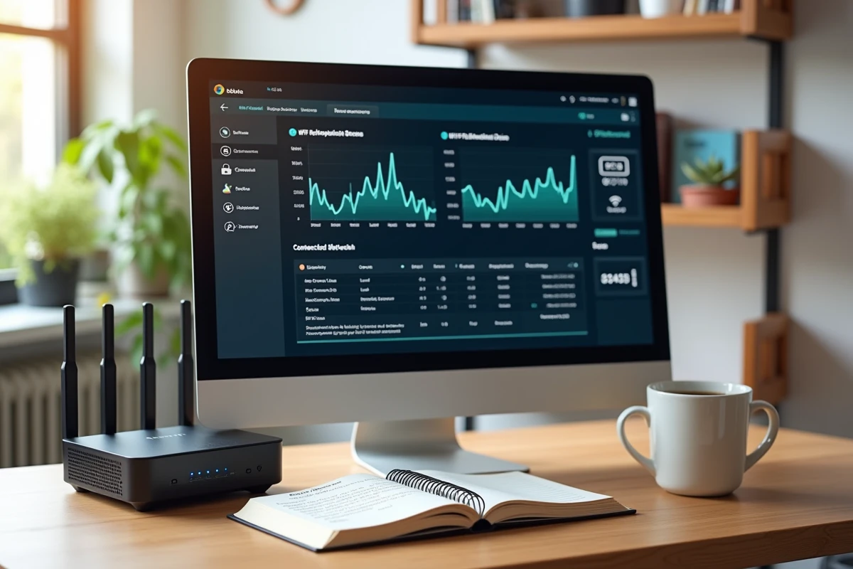 Bureau à domicile avec moniteur affichant un tableau de bord de consommation WiFi et appareils connectés incluant un Chromecast, routeur et notes manuscrites