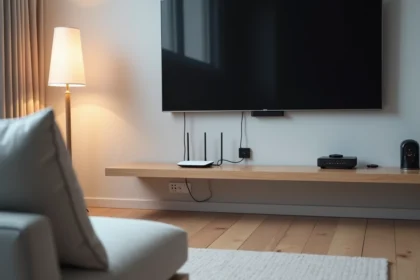 Télévision murale avec dongle Chromecast branché en HDMI, routeur WiFi et compteur de consommation électrique dans un salon scandinave moderne