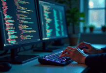 Clavier et écran affichant logs et code en environnement tech