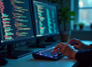 Log système : définition, rôle et fonctionnement en informatique Clavier et écran affichant logs et code en environnement tech