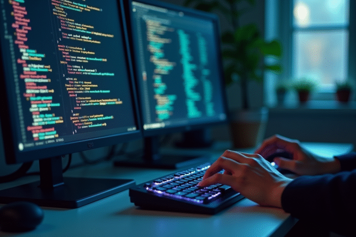 Clavier et écran affichant logs et code en environnement tech