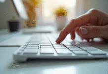 Clavier d'ordinateur moderne en journée avec main appuyant sur la barre verticale