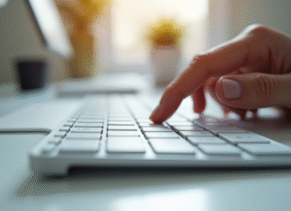 Barre verticale sur clavier : astuces et raccourcis Clavier d'ordinateur moderne en journée avec main appuyant sur la barre verticale