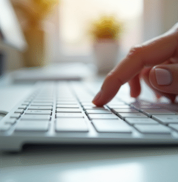 Clavier d'ordinateur moderne en journée avec main appuyant sur la barre verticale