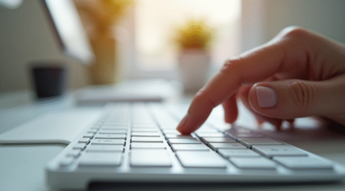 Clavier d'ordinateur moderne en journée avec main appuyant sur la barre verticale