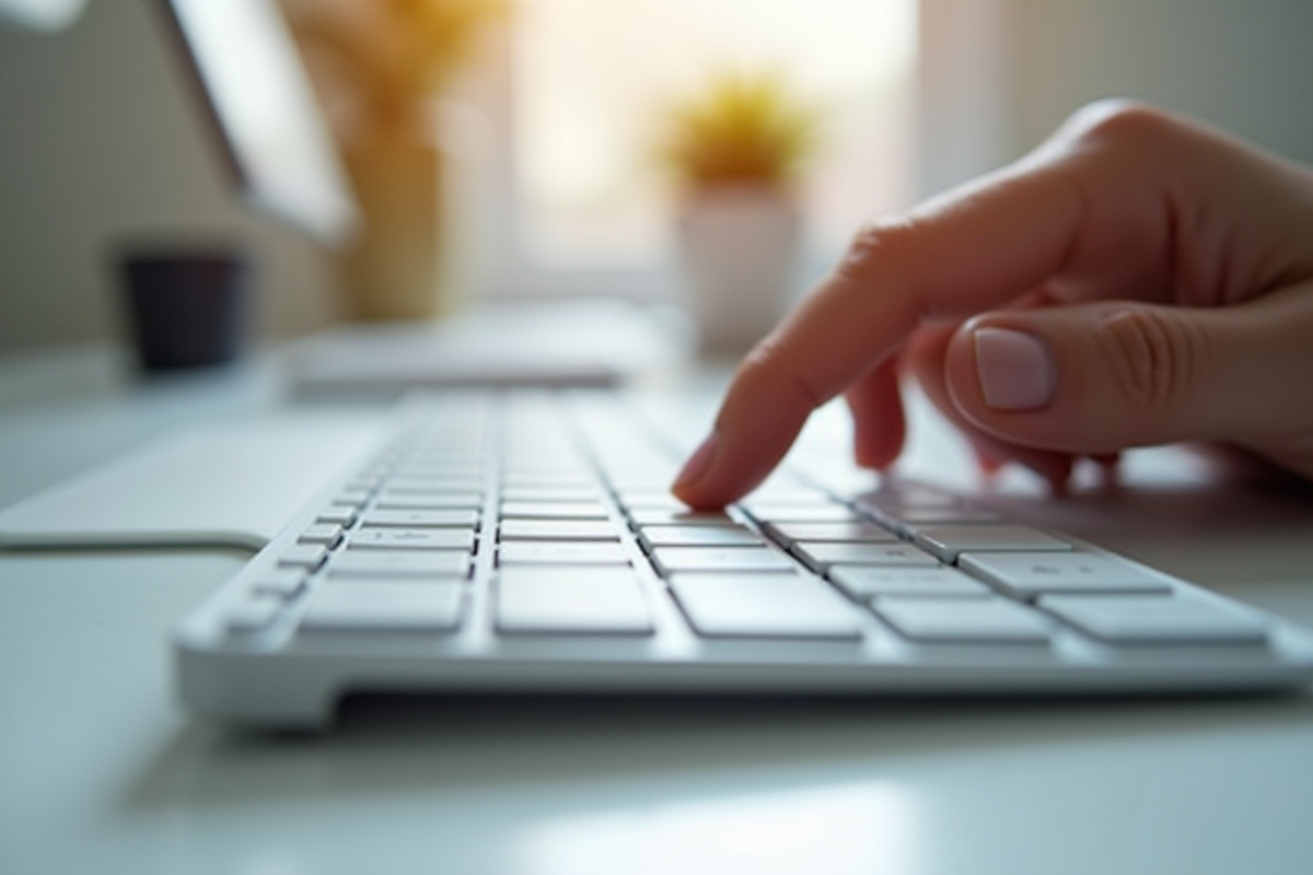 Clavier d'ordinateur moderne en journée avec main appuyant sur la barre verticale