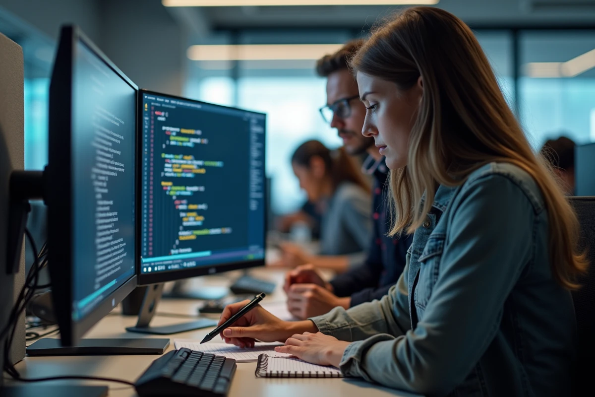 Deux développeurs collaborant devant un écran affichant du code Python avec des méthodes modernes de manipulation de listes en entreprise