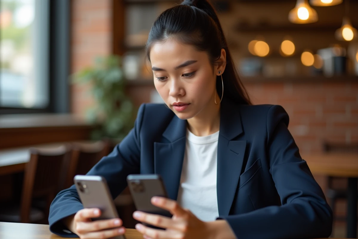 Femme comparant un iPhone 14 Pro neuf et un iPhone 14 Pro reconditionné grade A dans un café, analyse des différences visuelles