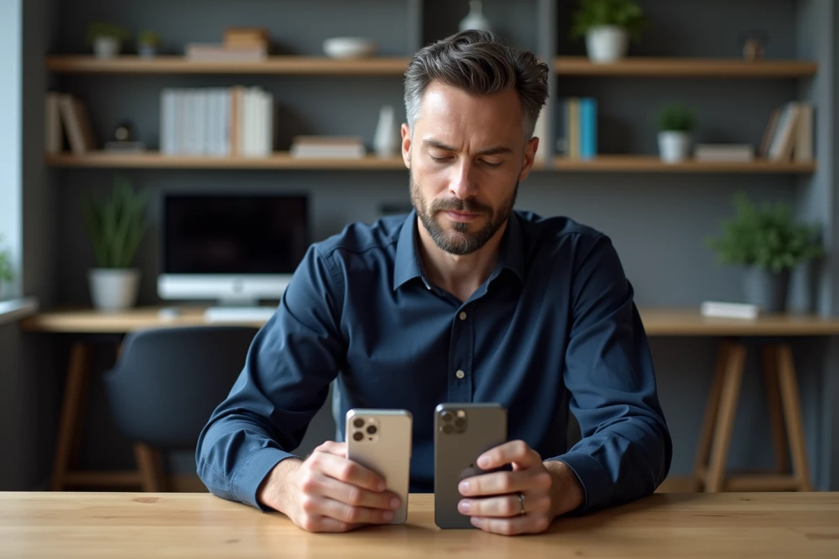 Homme comparant deux modèles d'iPhone sur un bureau, guide comparatif iPhone 2026