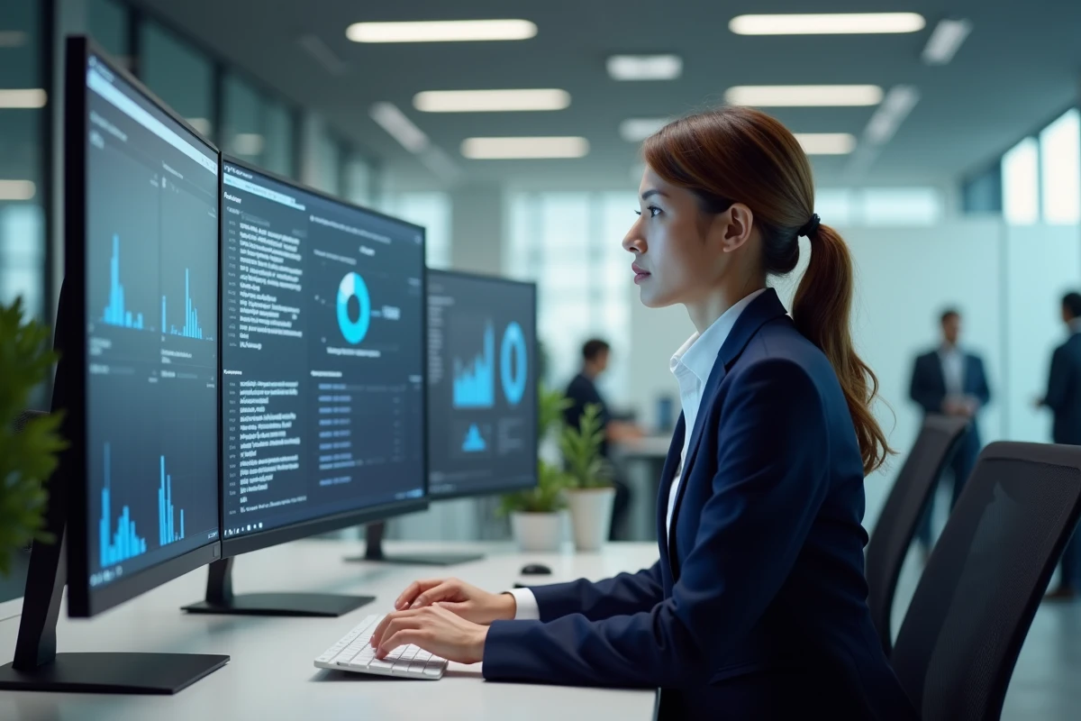 Professionnelle en entreprise comparant différents navigateurs web sur un écran ultrawide dans un bureau moderne