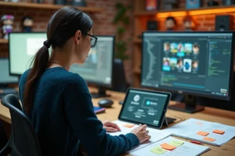 Conceptrice de jeux vidéo transformant un GDD en backlog de production sur une tablette Kanban dans un studio moderne