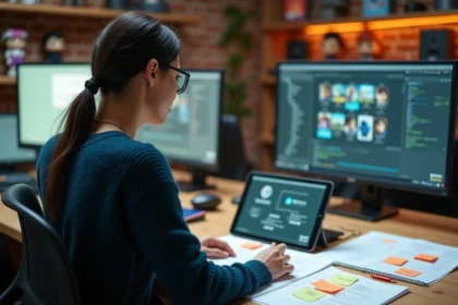 Conceptrice de jeux vidéo transformant un GDD en backlog de production sur une tablette Kanban dans un studio moderne