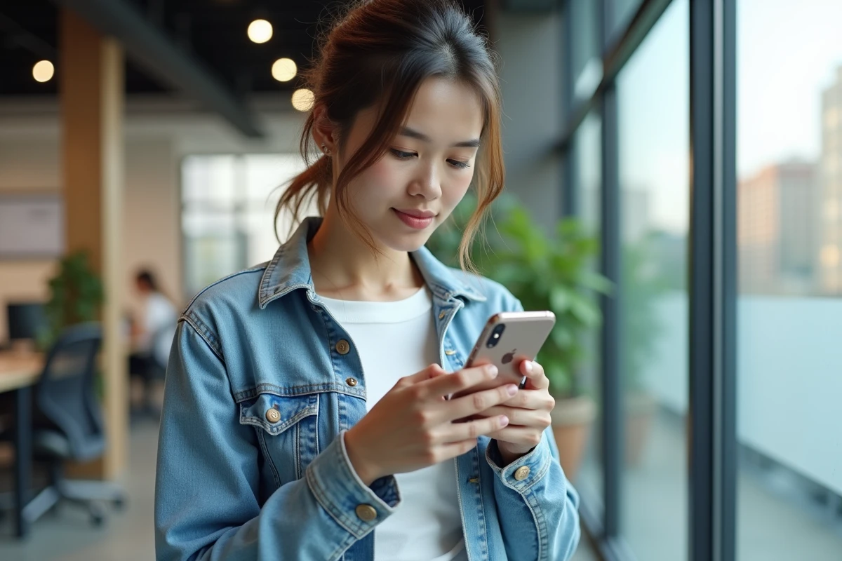 Jeune femme consultant les paramètres de confidentialité et de sauvegarde SMS sur son iPhone dans un espace de travail moderne