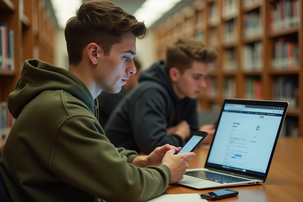 Étudiant configurant les filtres anti-spam de sa boîte mail ac rouen depuis la bibliothèque universitaire