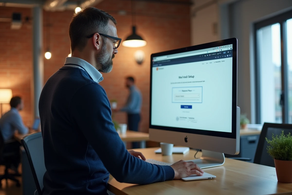 Homme configurant une messagerie professionnelle 1and1 sur un grand écran dans un espace de coworking moderne