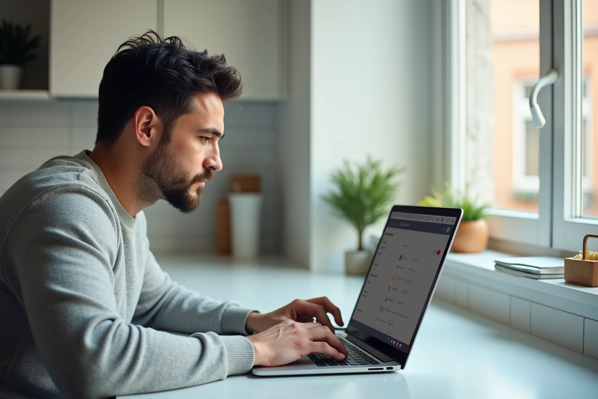 Homme paramétrant les filtres et notifications de Zimbra sur un ordinateur portable depuis son domicile