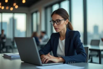 Femme professionnelle en blazer marine relisant un email sur son ordinateur portable dans un bureau moderne, utilisant un correcteur orthographique en entreprise