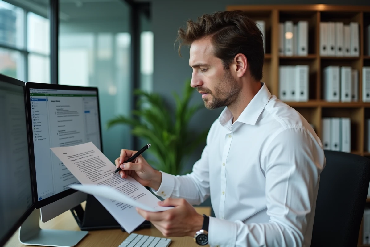 Homme d'affaires annotant un rapport interne imprimé devant un double écran affichant un outil de correction grammaticale en entreprise