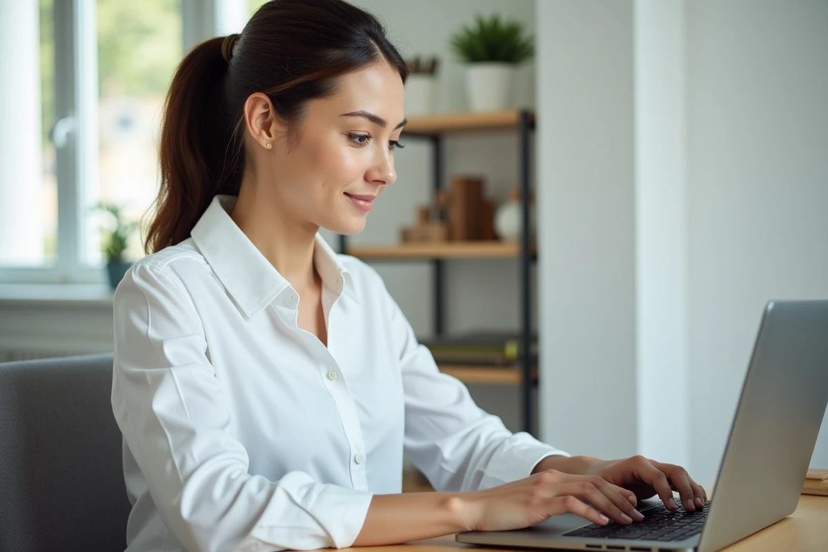 Femme professionnelle créant une adresse email pro sur un ordinateur portable dans un bureau à domicile épuré