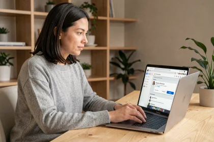 Femme créant un sondage sur Messenger depuis son ordinateur portable dans un bureau à domicile moderne
