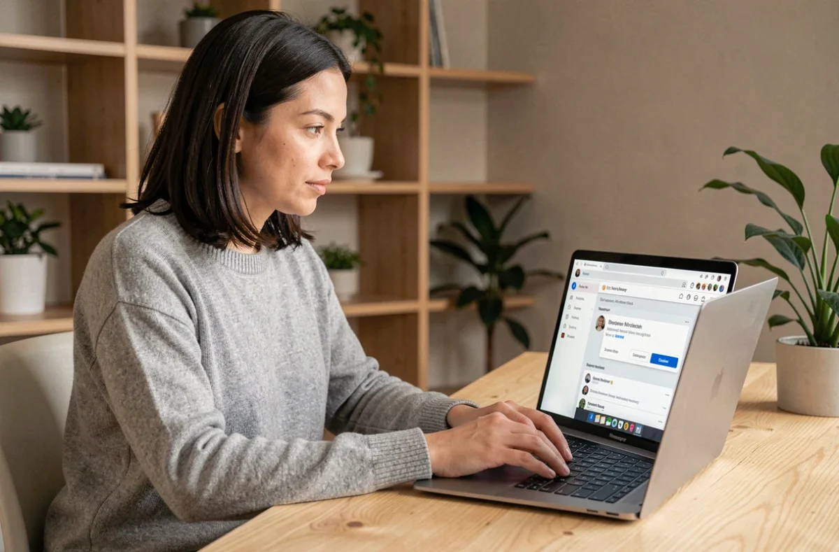 Femme créant un sondage sur Messenger depuis son ordinateur portable dans un bureau à domicile moderne