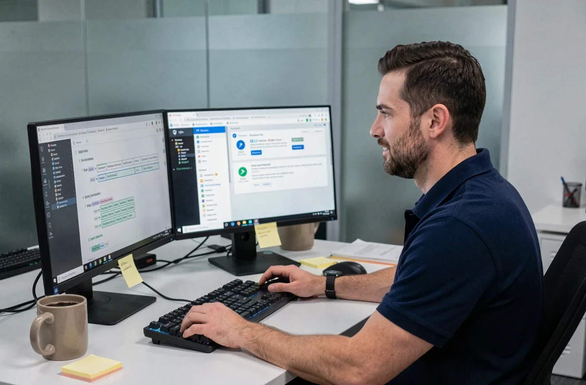 Développeur de DATASOLUTION assis à son bureau avec des écrans affichant des schémas de bases de données et des interfaces dashboard