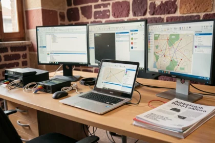 Espace de travail d'un technicien informatique en Saône-et-Loire avec plusieurs écrans et outils de dépannage